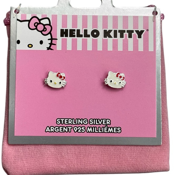 NIB Hello Kitty Sterling Silver Stud Post Earrings Pink and White with Red Bow - Picture 1 of 6